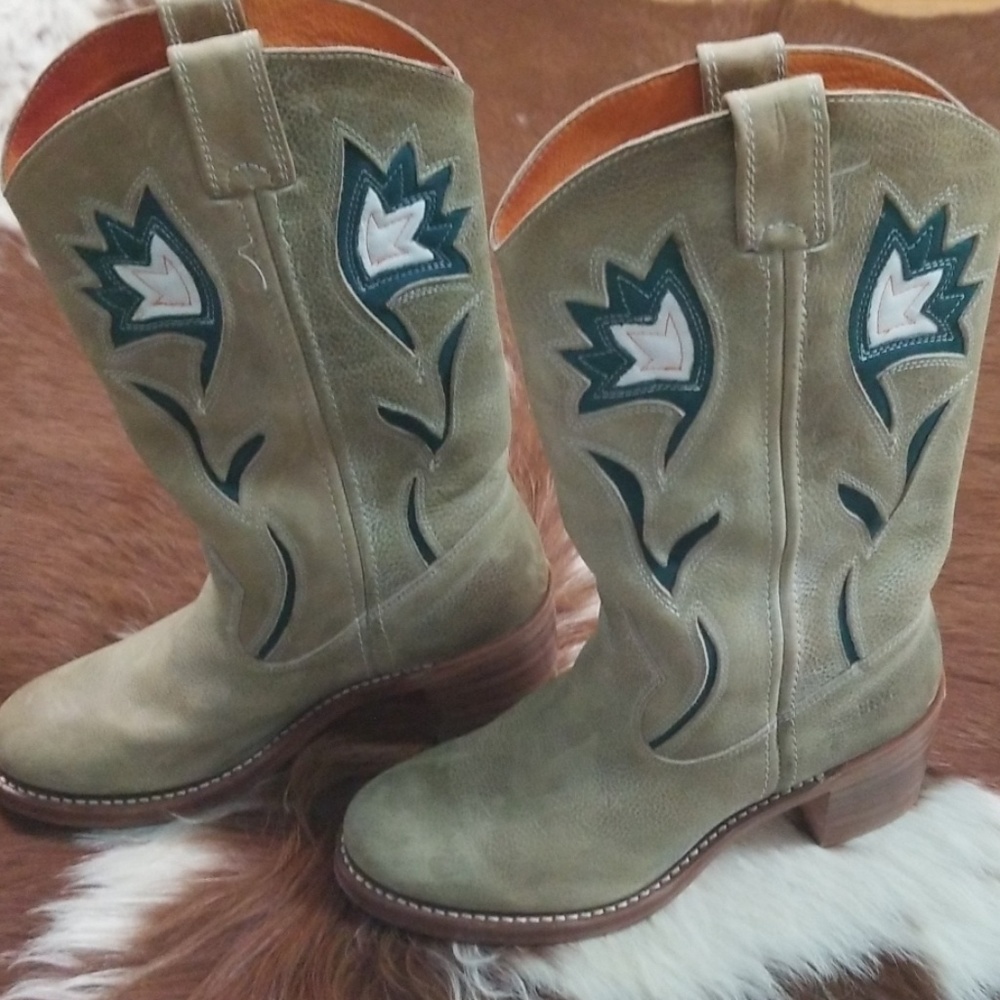 Frye cowboy boots with flower cutouts